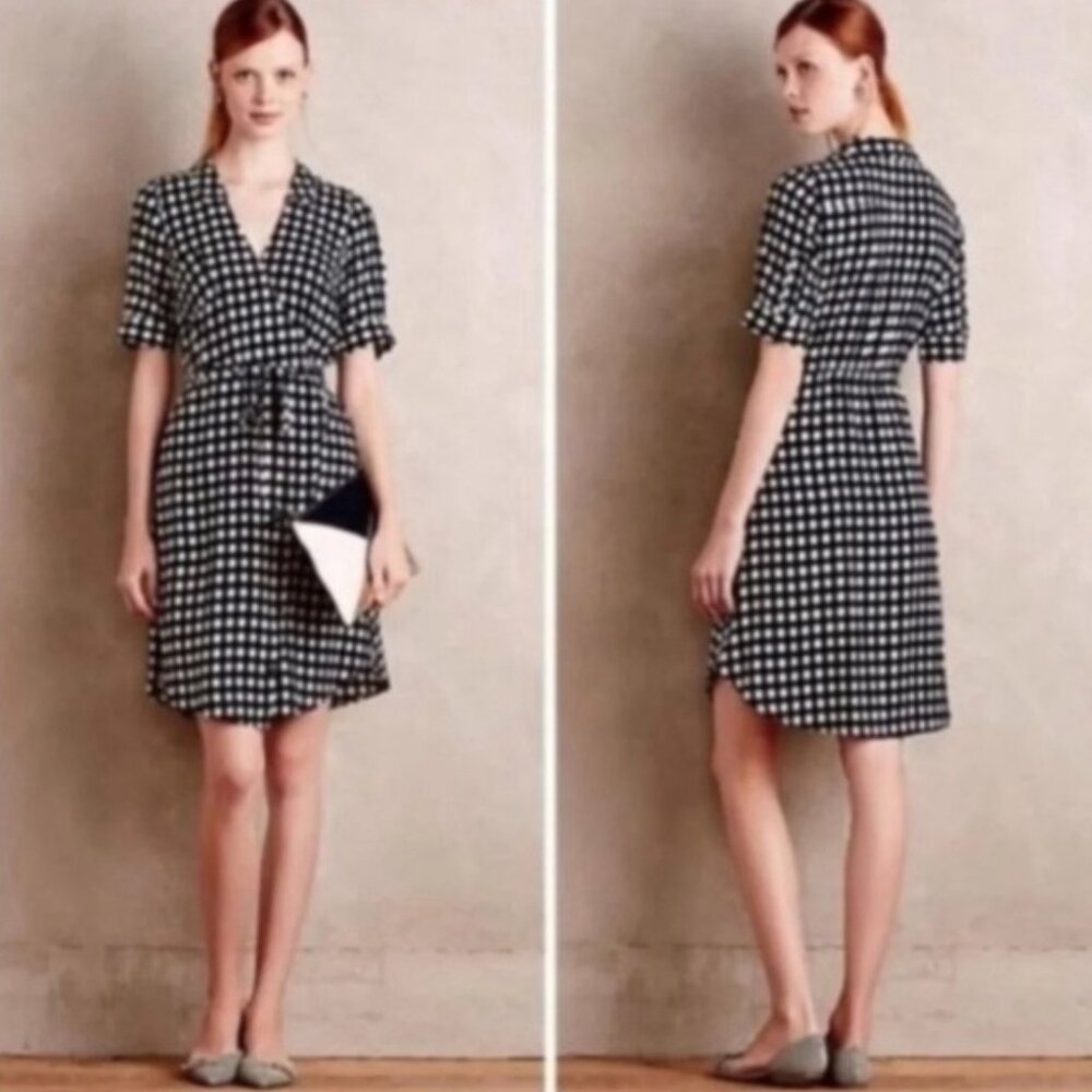 ANTHROPOLOGIE 11.1.Tylho Women True Wrap Dress Dotted Tie Belt Blue Cream Medium